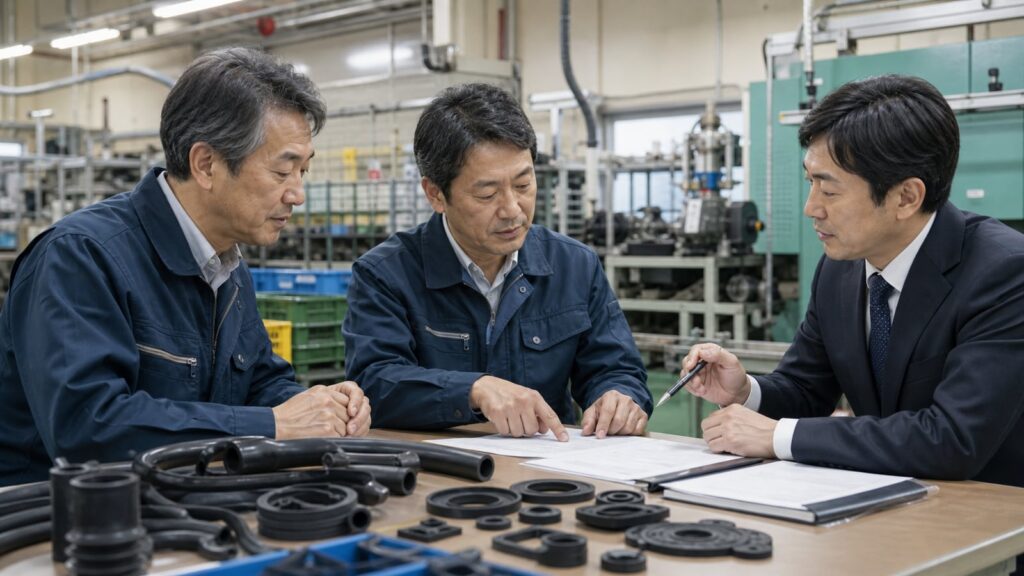 愛知県のゴム会社M&A相談を工場内で進める経営者とアドバイザー