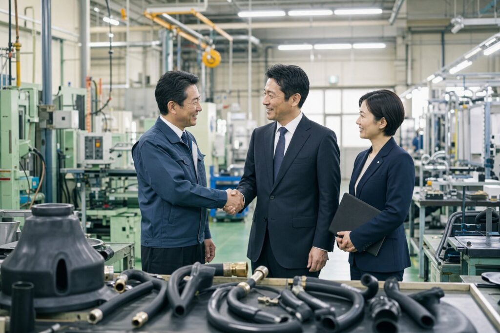 ゴム製造会社の承継先候補と工場で面談している様子