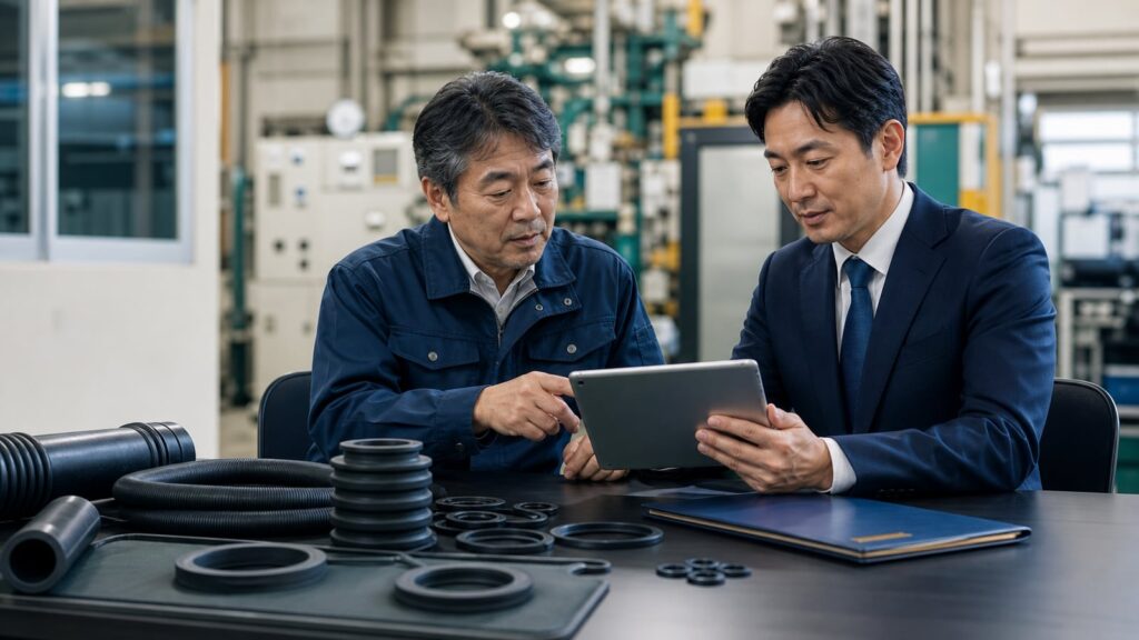 ゴム会社の設備台帳と事業承継条件を確認する相談風景