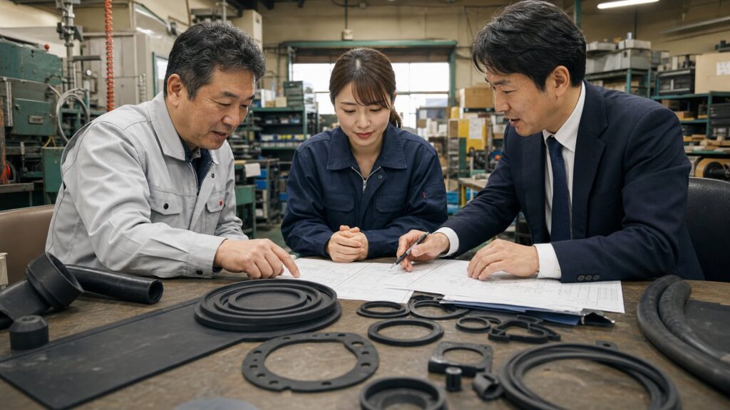 大阪のゴム会社M&A相談を工場内で進める経営者とアドバイザー