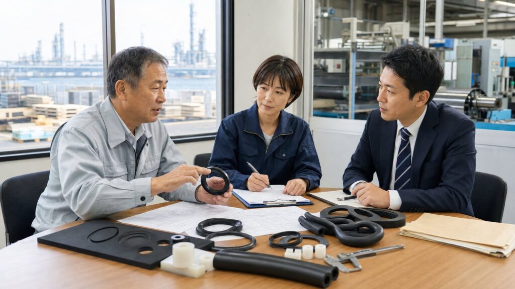 千葉のゴム会社M&Aで工場承継を相談する経営者と品質担当者
