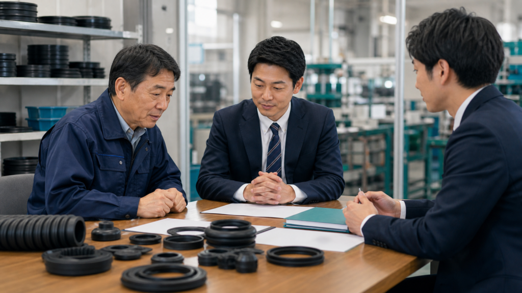 ゴム加工会社の事業承継について打ち合わせしている様子