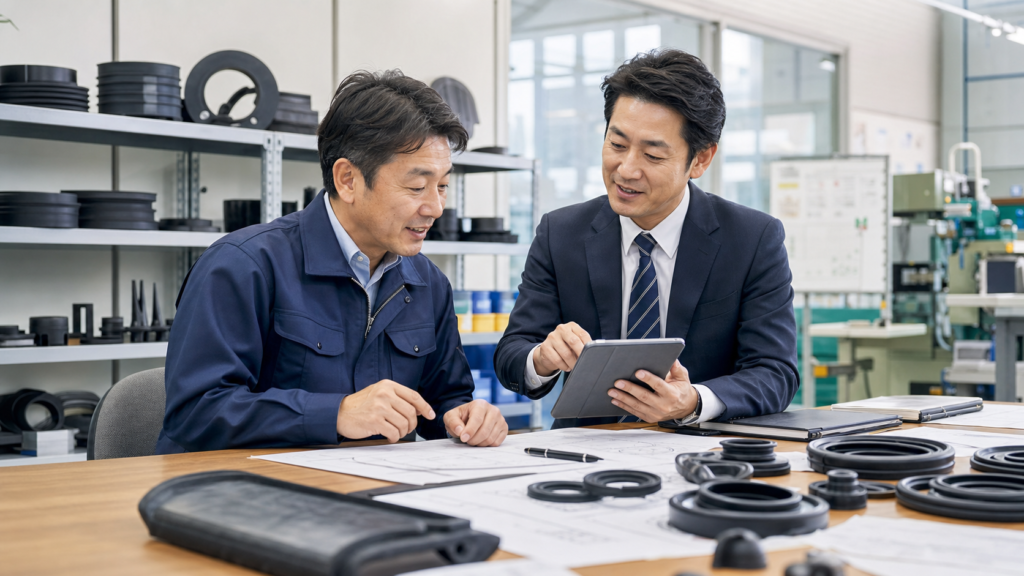 ゴム加工工場で経営者とM&A担当者が資料を見ながら相談している様子