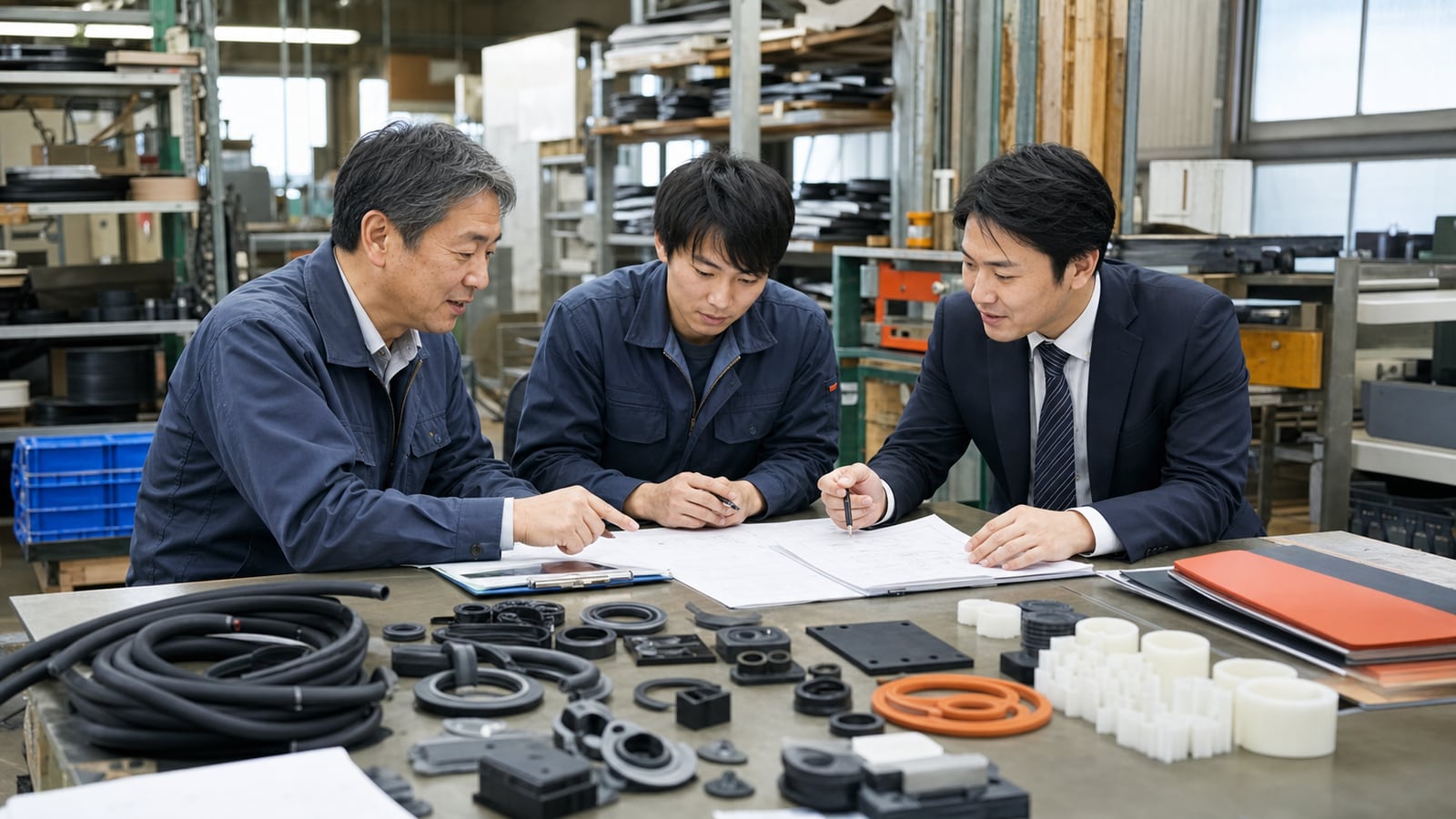 神奈川のゴム会社M&A相談を工場内で進める経営者とアドバイザー