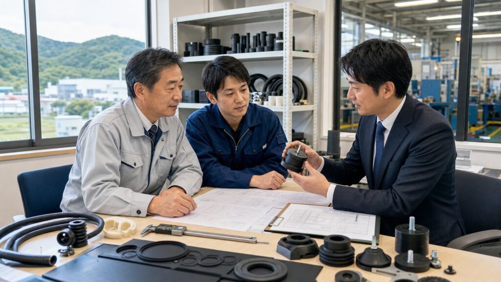 静岡のゴム会社M&Aで防振部品と工場承継を相談する経営者と担当者