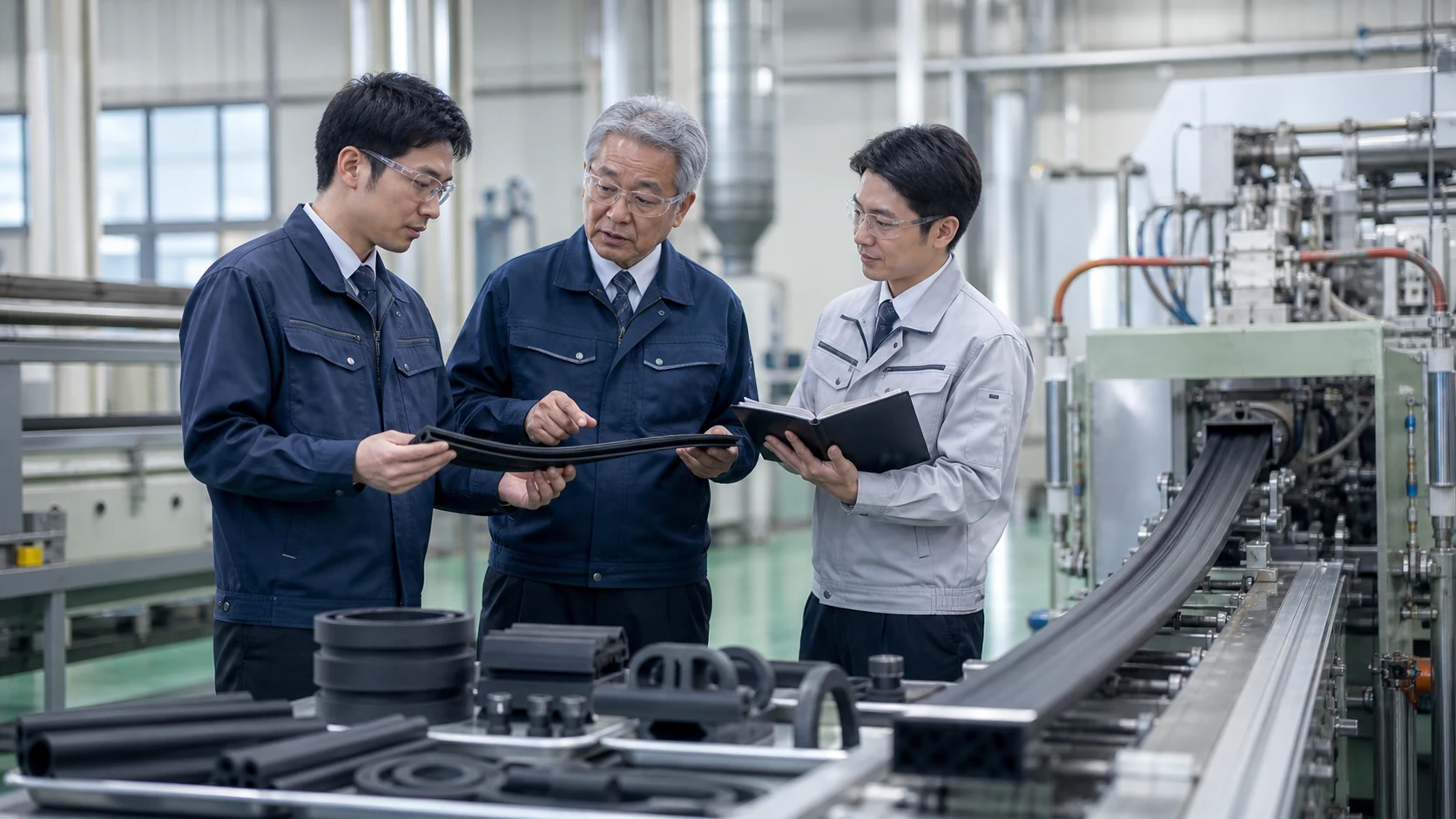 ゴム押出設備の前で製品と品質を確認し、技能を引き継ぐ経営者と次世代の製造担当者