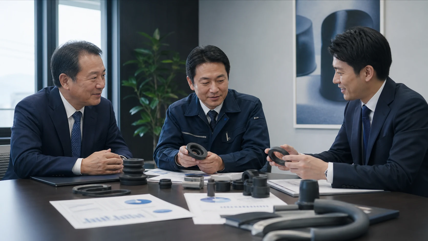 ゴム製品サンプルと品質資料を確認しながら事業承継について話し合う経営者、製造担当者、M&Aアドバイザー