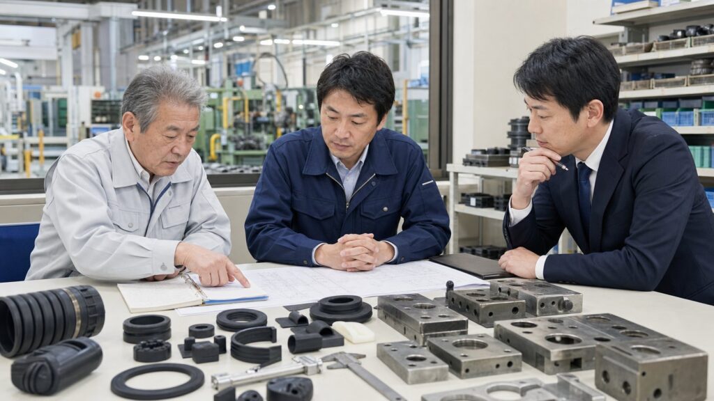 栃木のゴム会社M&Aで金型台帳と品質資料の承継を相談する経営者と担当者